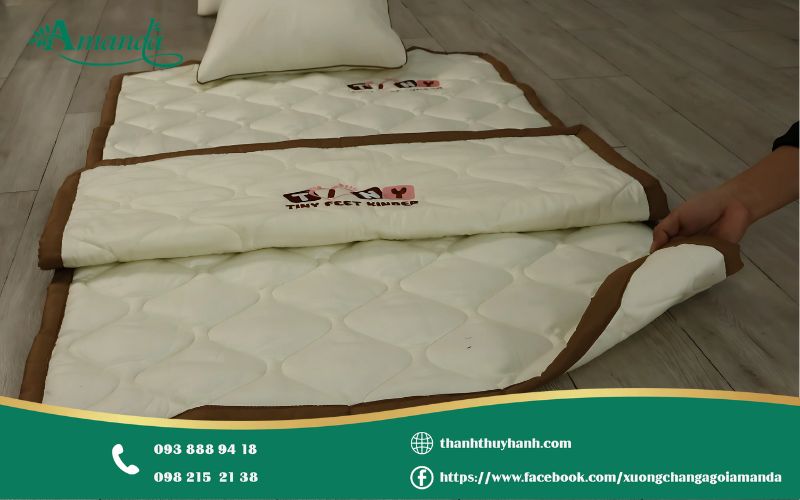 Bộ mền gối học sinh màu trắng sữa phối viền nâu